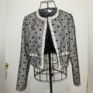 LUSH Tweed Cropped Jacket | Black & White Textured Open Front Blazer